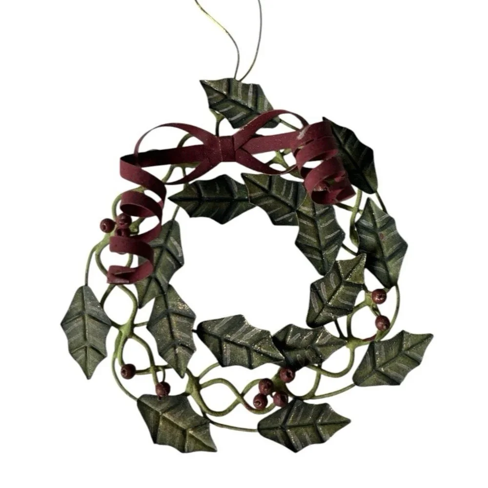 Vintage Metal Wire Holy Leaf Berry Christmas Ornament 4
